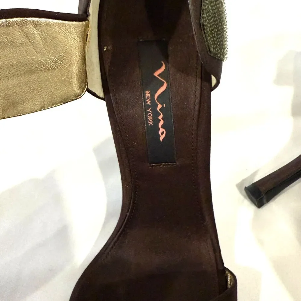 Nina New York Size 8 Brown‎ Satin Bow Slingback Heels Wedding Evening Shoes